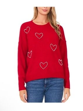Vince Camuto Red Pearl Heart Embellished Women's Sweater XS - NWT